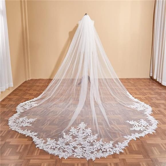 Long Cathedral Length 1 Tier Lace Wedding Bridal Veil  For Women main image 4